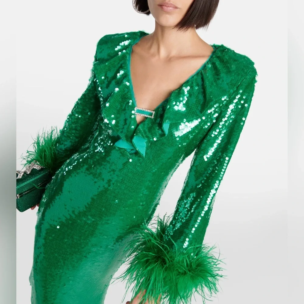 NWOT Self-Portrait Feather-Trimmed Sequined Midi Dress. Size  8 - Picture 6 of 16